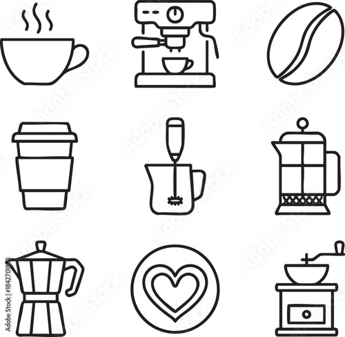 Collection of black line art icons for coffee and beverages including cup espresso machine bean French press moka pot