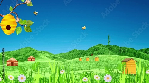 Animated scene of bees flying around hives on a branch, set against green hills and mountains with yurts in the background under a blue sky.
Perfect for educational videos, presentations, (NO AI)