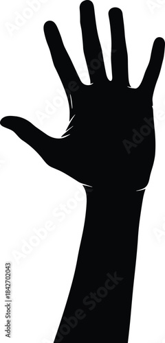 Black Silhouette of Raised Human Hand with Spread Fingers on White Background for Anatomy, Gesture, Communication, or Artistic Use