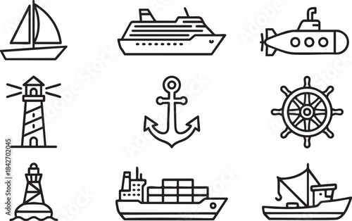 Collection of nine black outline nautical icons including sailboat cruise ship submarine lighthouse anchor ship wheel buoy cargo ship and