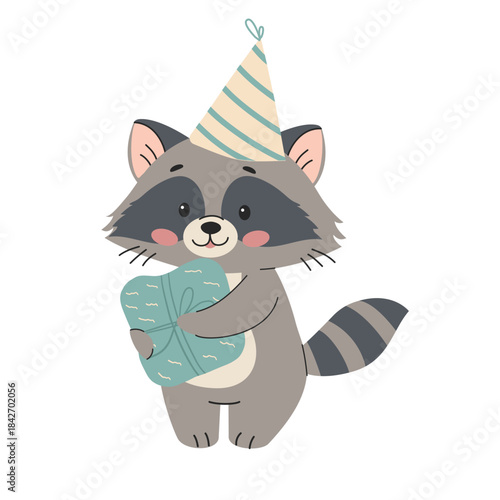 Cute racoon wearing a festive hat and holding a gift. Simple children's vector illustration on a white background.