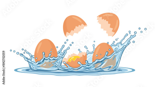 Eggs dropping into water with splashes and broken shells around