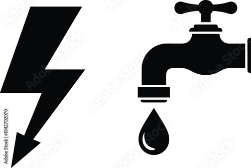 Electricity and water utility icons illustration—vector of lightning bolt and faucet with dropletElectricity and water utility icons illustration—vector of lightning bolt and faucet with droplet