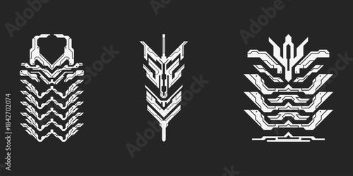 Futuristic cyberpunk tech element set. Sci-Fi interface. Abstract circuit design. HUD graphic illustration.