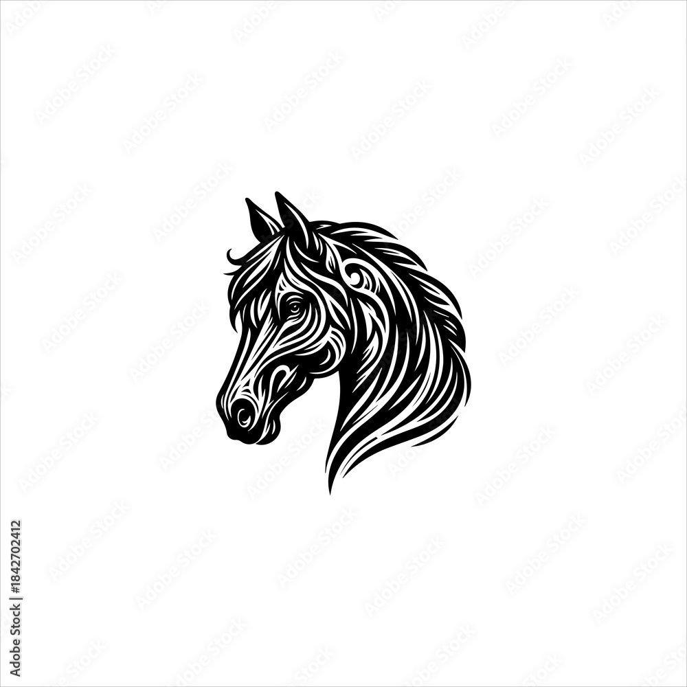 Naklejka premium Horse head silhouette arranged as a clean black vector emblem design. Animal icon concept