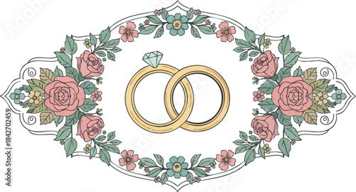 Wedding rings and flowers frame, romantic marriage celebration