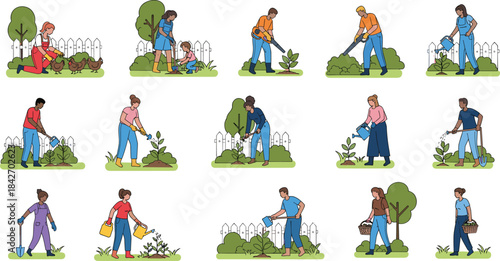 Set of People Illustrations Working in the Garden, Including Watering Plants, Shoveling Soil, Raking Leaves, and Planting Crops, Representing Agriculture, Hobby Gardening, and Outdoor Activities.