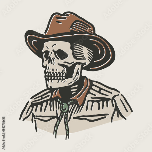 Vintage Line Skeleton Cowboy Portrait Illustration