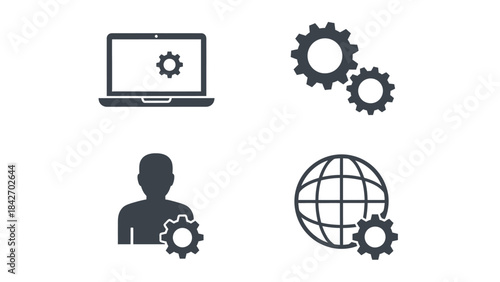 Computer Settings Gear Icon with Person and Globe Icons