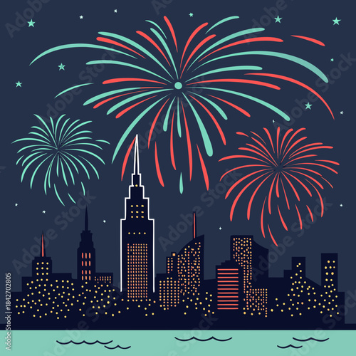 Celebration night in the city with vibrant fireworks exploding over the skyline Vector