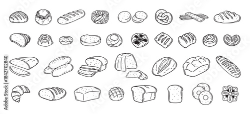 Bread different types hand drawn doodle outline icon set. Bread engraving, line art. Wheat products, baked goods, bakery