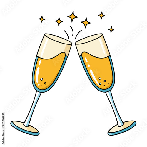 A festive illustration of two champagne glasses clinking in a celebratory toast with sparkles Vector