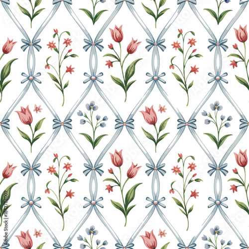 A beautiful seamless vintage floral pattern featuring pink tulips and a delicate blue trellis design.