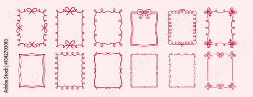 Bow rectangle frame ribbon border vintage cute hand drawn set. decorative pink hand drawn doodle line bow frame. Elegant romantic doodle wedding ribbon border.