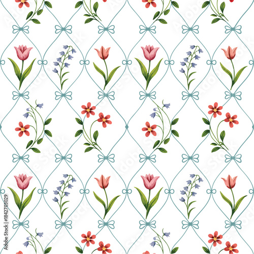 A beautiful seamless vintage floral pattern featuring pink tulips and a delicate blue trellis design.