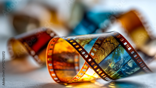Close-up of a vibrant film strip, capturing moments and memories in a tangible format, symbolizing the art and history of photography.
