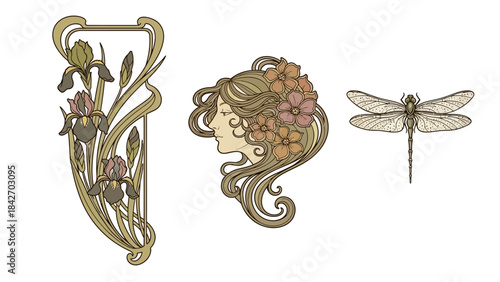 Flowing Art Nouveau vector elements with organic frame, iris, and female profile for vintage design