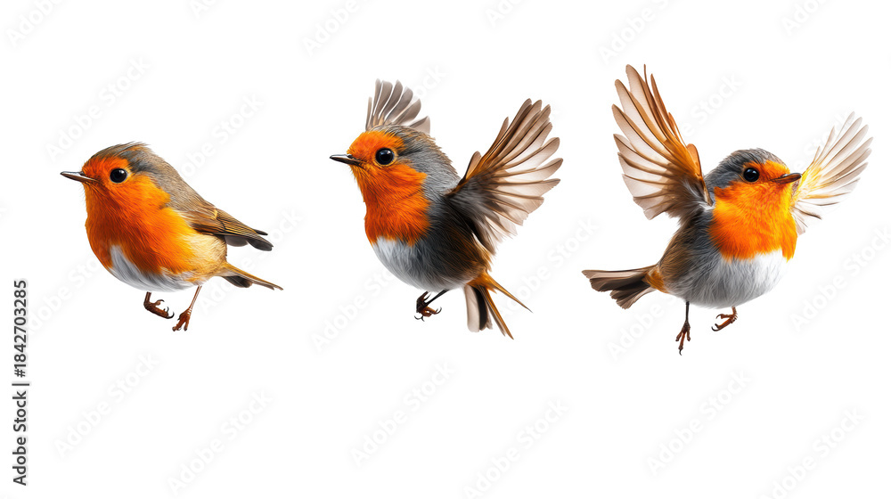 Fototapeta premium Three European Robins in Different Poses on Transparent Background