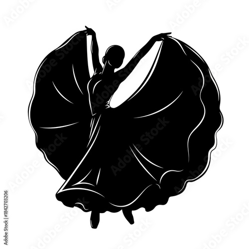 Flamenco dancer silhouette with flowing dress isolated on white background