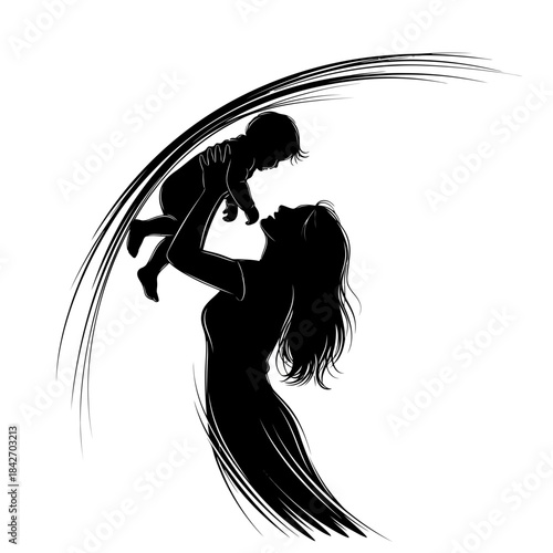 Mother holding baby up silhouette isolated on white background