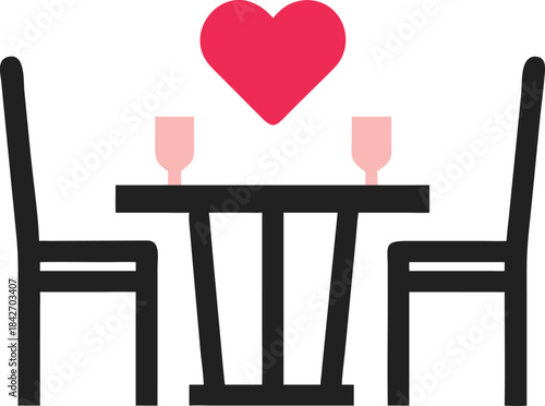 A set table with two chairs. A heart symbol is positioned above the table.