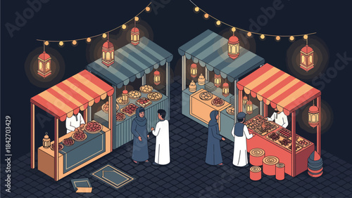 Ramadan Night Market with Food Stalls and Shoppers in Isometric View