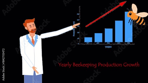 Alpha channel animation of an explainer character discussing beehive productivity.
Features a bee and a bar chart showing production data, all on a fully transparent background.
(NO AI)