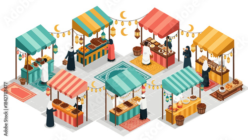 A vibrant isometric illustration of a bustling outdoor marketplace during Ramadan, featuring diverse stalls and shoppers