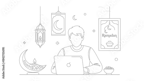 Ramadan greetings with a worker on a laptop, Crescent moon, lantern, and mosque elements