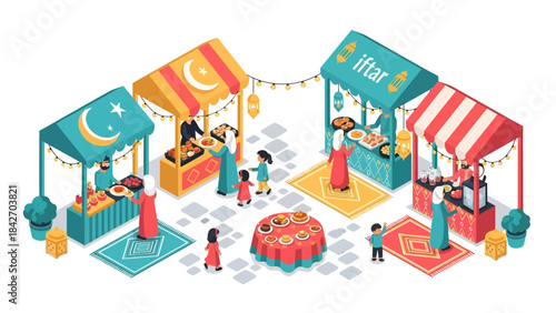 Ramadan Market Scene with People Enjoying Iftar Food Stalls