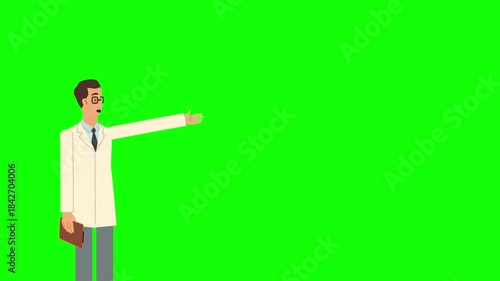 animation of an explainer character wearing glasses, holding a folder, and gesturing while reading information.
green  background, ready to use in presentations, videos