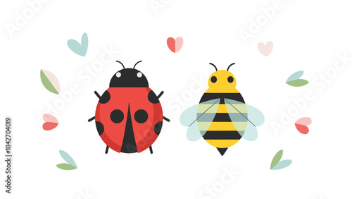 A colorful illustration of a ladybug and a bee surrounded by hearts and leaves on a with a cute and playful design