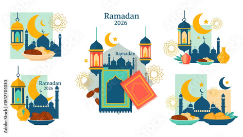 Ramadan 2026 celebration with Islamic cultural elements and traditional motifs like lanterns, dates, and crescent moons