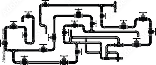 Piping system silhouette illustration—vector of valves, junctions, and maze-like configuration for fluid transport