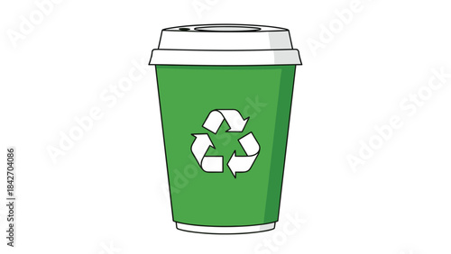 A green disposable cup with a recycling symbol on the side for eco friendly or sustainability concepts