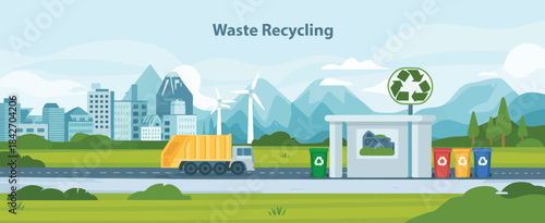 Vector of modern urban waste recycling, featuring a truck, bins, and green city infrastructure, emphasizing sustainability