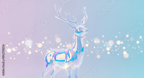 Ethereal crystal deer with iridescent highlights and festive sparkle background