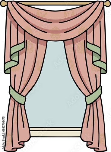 Soft pink vintage curtains with swag valance and green tiebacks, flat vector illustration of classic window decor