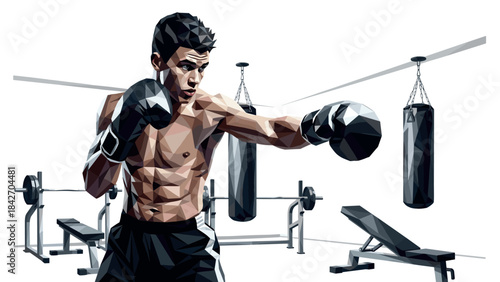 Low poly boxing athlete training in gym with punching bag and equipment