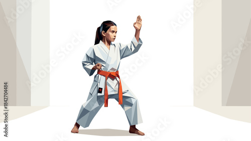 Geometric martial arts pose: young girl practicing karate