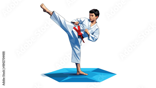 Modern geometric martial artist with red belt practicing high kick on blue mat