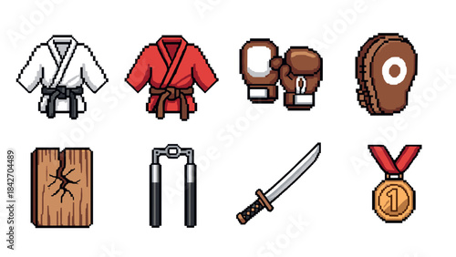 Pixel art martial arts gear collection with uniforms, gloves, and weapons