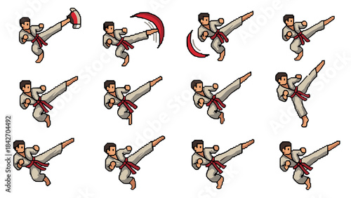 Cartoon martial arts character practicing high kicks in various dynamic poses
