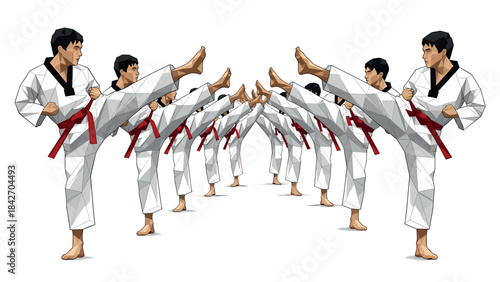 Low poly martial artists in symmetrical high kick formation