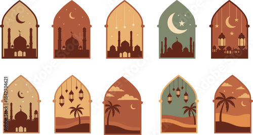 Ramadan motif pack illustration—vector set of mosque silhouettes, desert scenes, lanterns, and crescent moons