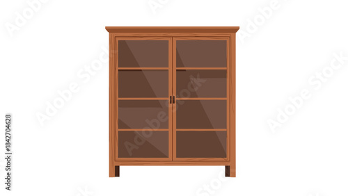 A brown wooden cabinet with glass doors and shelves