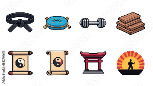 Pixel art martial arts icons featuring yin yang and fitness elements