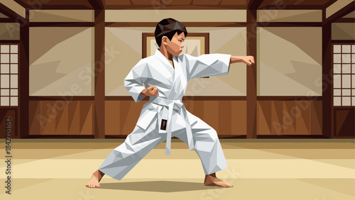 Karate kid practicing in traditional dojo setting