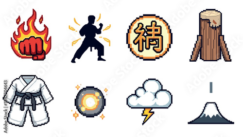 Pixel art martial arts icons: karate, weather, and nature symbols in retro style