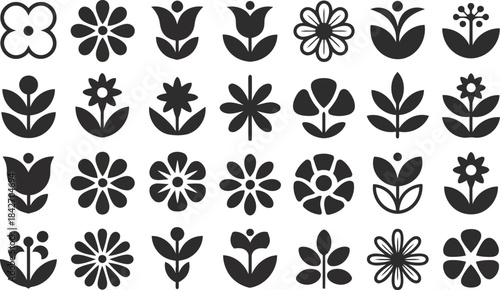 Vector of a diverse collection of stylized floral icons, showcasing various blossom shapes and botanical patterns for elegant graphic design projects